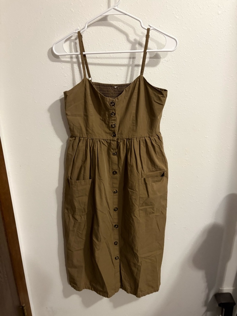 Button-Front Olive Midi Sundress with Pockets